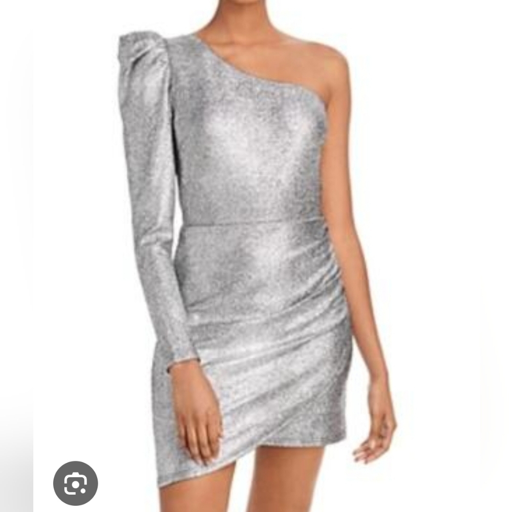 Aqua Silver One-Shoulder Long Sleeve Dress